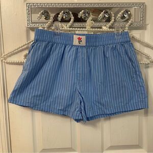 Blue Striped Boyfriend Shorts with Rose Patch